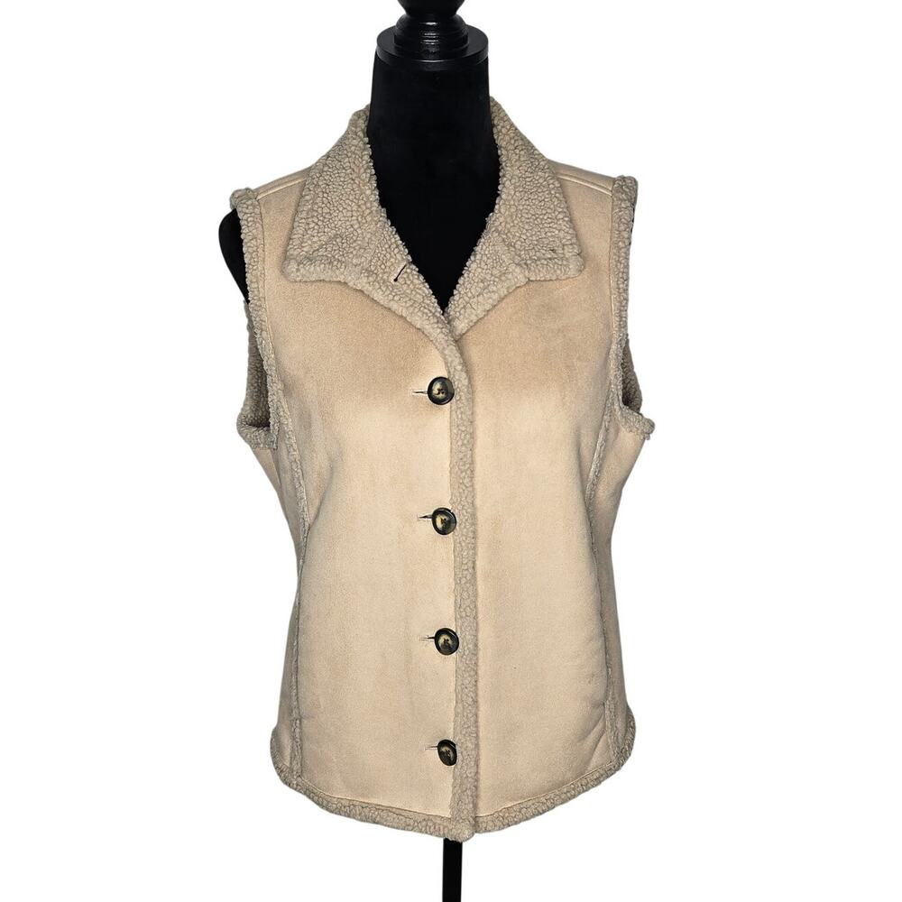 L.L.Bean Women’s M Reg Faux Shearling Vest Tan Sherpa Lined Button Front